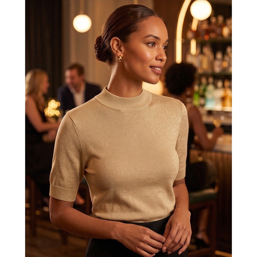 St. John BasicL Gold Santana Knit Metallic Mock Neck Short Sleeve Top Elegant